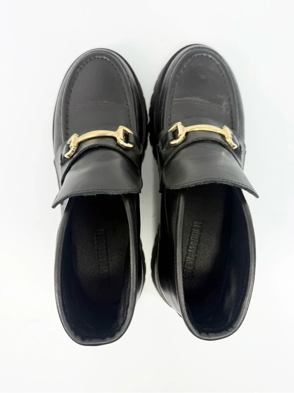 Steve Madden LEON Black Leather Horse bit Toe Chunky Platform Lug Sole Loafers